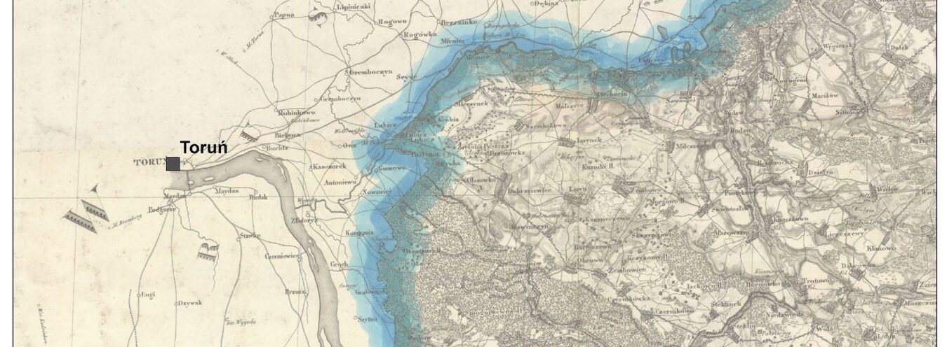 Il. 2 Położenie Torunia w Królestwie Pruskim po 1815 r. przedstawione na Mapie Topograficznej Królestwa Polskiego wydrukowanej w 1843 r., oprac. zespół Atlasu Historycznego IH PAN, źródło: www.dhi.ac.uk/books/dhc2018/city-through-empires