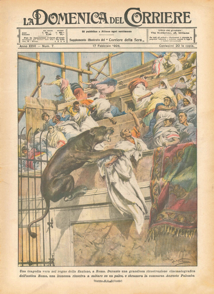 Włoska prasa szeroko komentowała wypadek w czasie kręcenia nowej adaptacji filmowej Quo vadis (Strona tytułowa „Domenica del Corriere” z 1924 roku)
