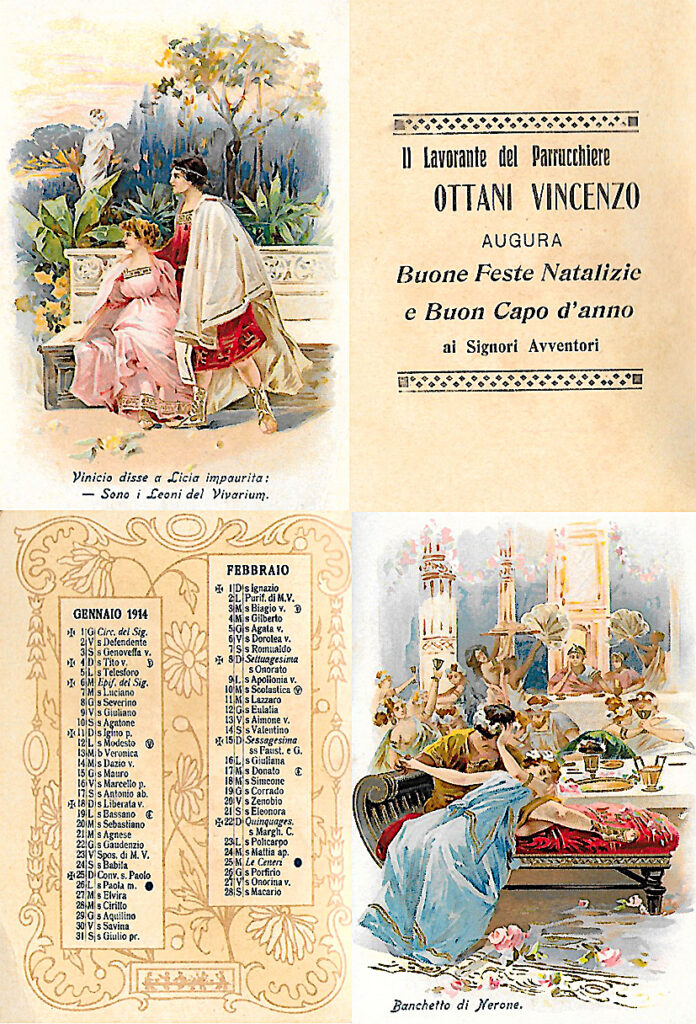 Kalendarzyk fryzjerski ozdobiony scenami z Quo vadis, początek XX wieku