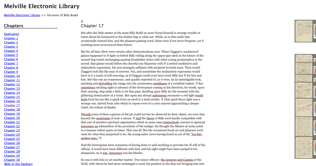 Il. 2 Naukowa edycja cyfrowa utworu Billy Budd Melville’a na platformie MEL, źródło: melville.electroniclibrary.org/editions/versions-of-billy-budd/chapter-17