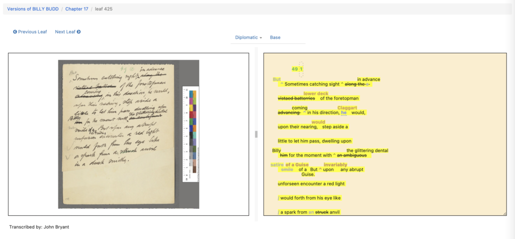 Il. 3 Porównanie rękopisu i transkrypcji utworu Billy Budd Melville’a na platformie MEL, źródło: app.textlab.org/transcriptions/16043