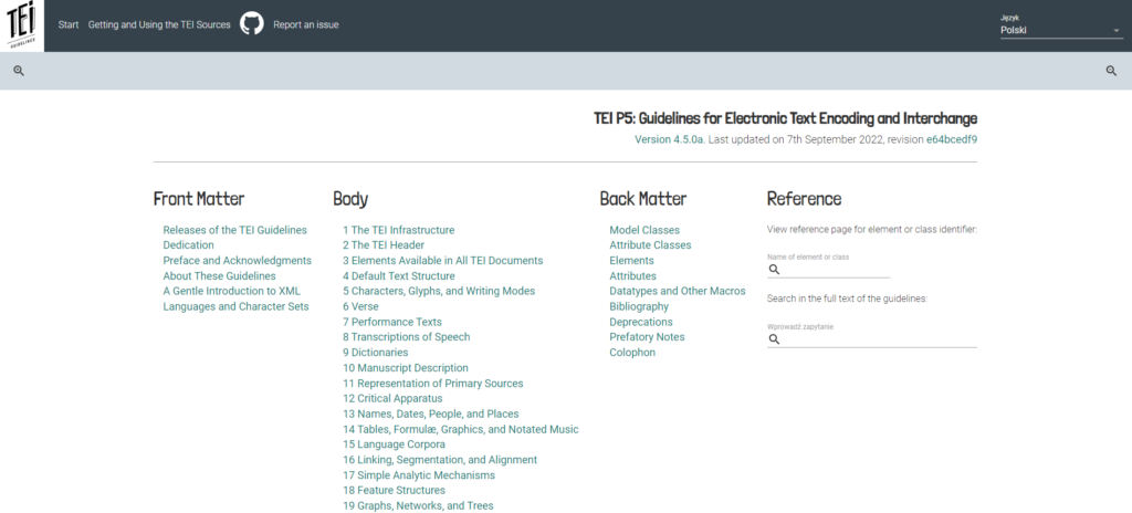 Il. 4 Przewodnik TEI w nowej szacie graficznej na platformie TEI Publisher, źródło: guidelines.teipublisher.com/