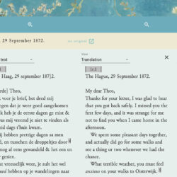Il. 6 Interfejs naukowej edycji cyfrowej The Van Gogh Letters Project z 2021 roku opublikowanej na platformie TEI Publisher, źródło: teipublisher.com/exist/apps/vangogh/let001.xml?view=page&odd=vangogh&panels=0.2