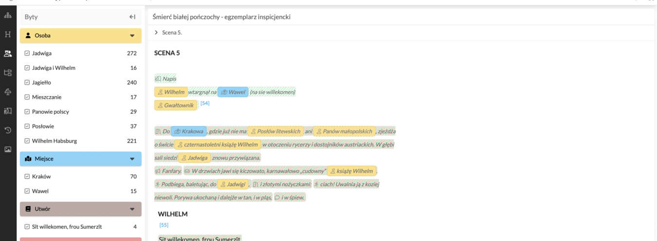 Il. 9 Platforma naukowych edycji cyfrowych TEI Panorama, widok bytów w dramacie Śmierci białej pończochy Mariana Pankowskiego, źródło: tei.nplp.pl/documents/1622/versions/1666/fragments/2059