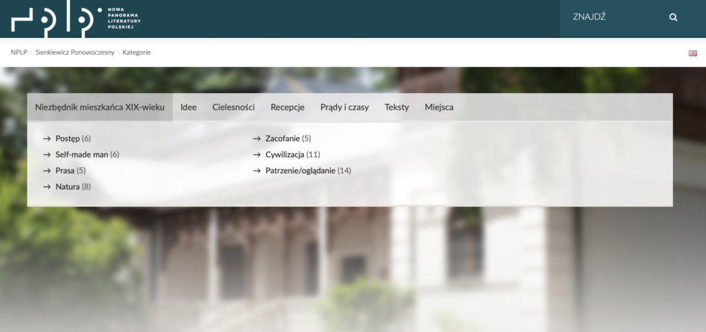 Il. 14 Ekran wyboru kategorii z kolekcji „Sienkiewicz ponowoczesny”, źródło: www.nplp.pl
