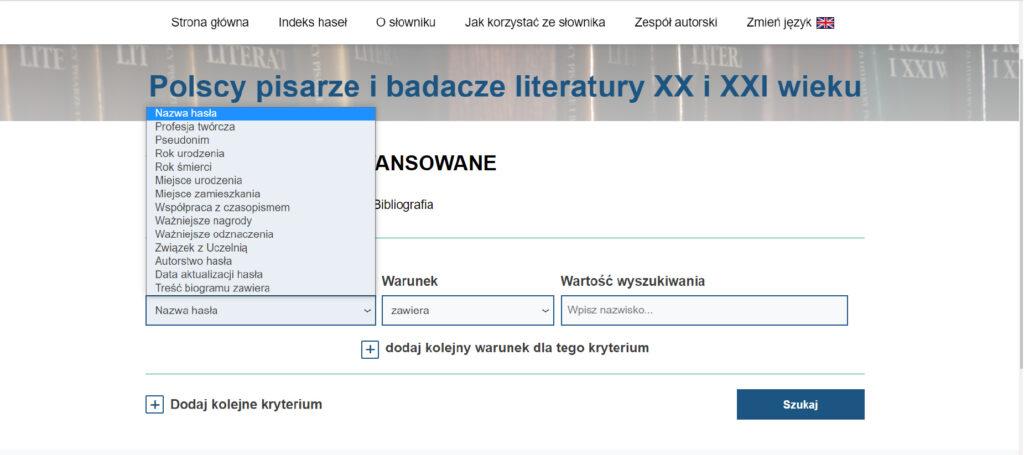 Il. 15 Ekran kryteriów wyszukiwania zaawansowanego dla zasobu Biogramy; źródło: oprac. własne