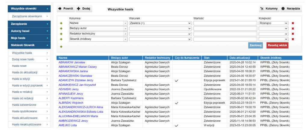 Il. 16 Widok menu w backendzie dla Niebieskiego słownika; źródło: oprac. własne