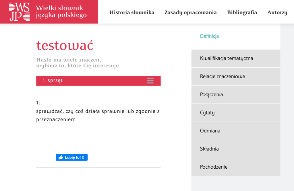 Il. 10 Hasło „testować”, źródło: WSJP